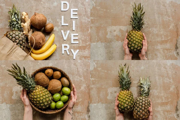 Collage Female Hands Ripe Fresh Fruits Word Delivery Weathered Surface — Stock Photo, Image