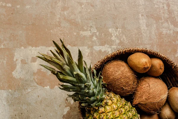 Top View Ripe Exotic Fruits Wicker Basket Weathered Surface — Stock Photo, Image