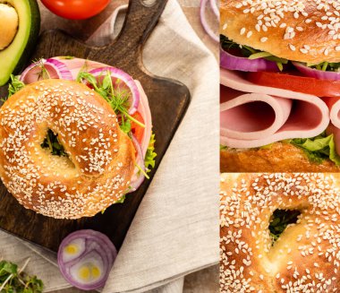 Tahta kesme tahtasının üzerinde sosisli ve sebzeli taze simit kolajı.