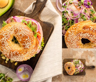 collage of fresh delicious bagel with meat, red onion, cream cheese and sprouts on wooden cutting board clipart