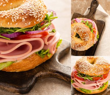 Tahta kesme tahtasının üzerinde sosisli ve sebzeli taze simit kolajı.