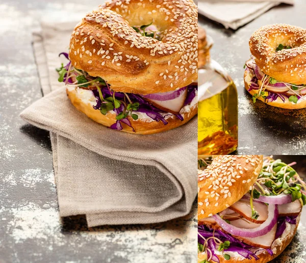 Collage Fresh Delicious Bagel Meat Red Onion Cream Cheese Sprouts — Stock Photo, Image