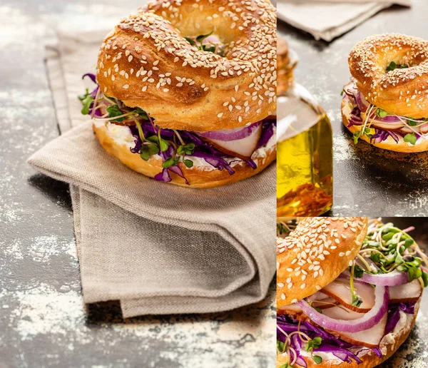 Colagem Bagel Delicioso Fresco Com Carne Cebola Vermelha Queijo Creme — Fotografia de Stock