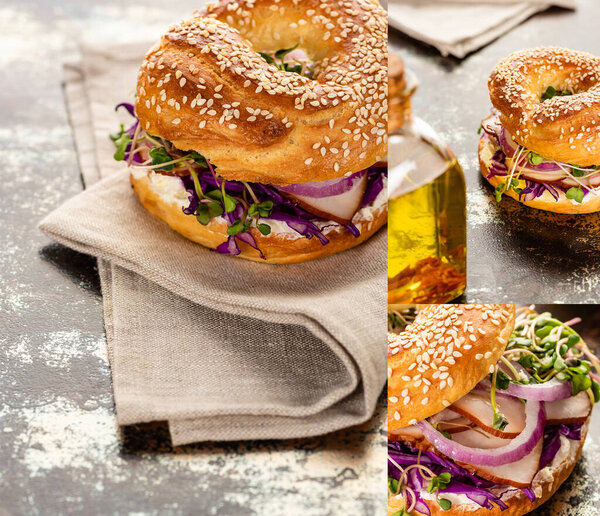 коллаж из свежего вкусного бублика с мясом, красным луком, сливочным сыром и ростками на текстурной поверхности с салфеткой
