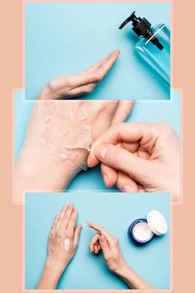Colagem Mão Feminina Perto Sanizador Mulher Descascando Pele Esfoliada Aplicando — Fotografia de Stock