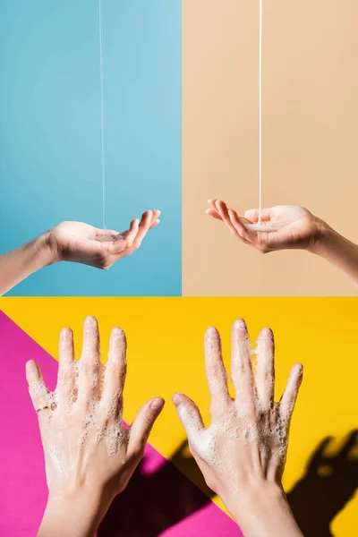 collage of female hands in soap foam, and under flowing liquid soap on multicolored background