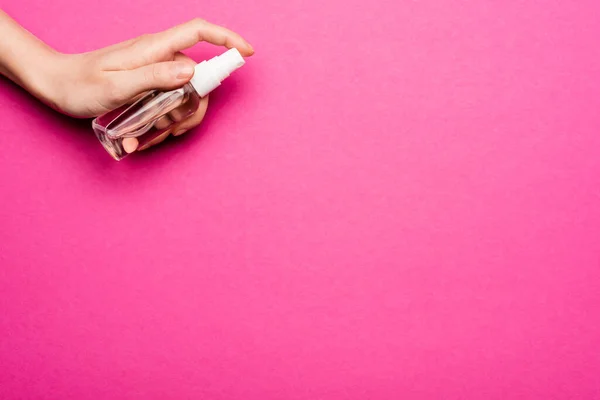 Partial View Woman Spraying Hand Antiseptic Pink — Stock Photo, Image