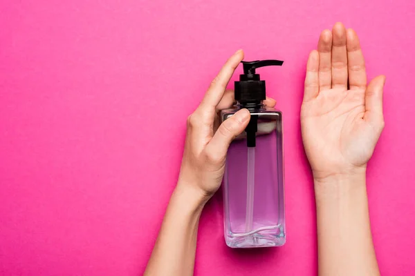 Cropped View Woman Applying Sanitizer Hand Pink — Stock Photo, Image