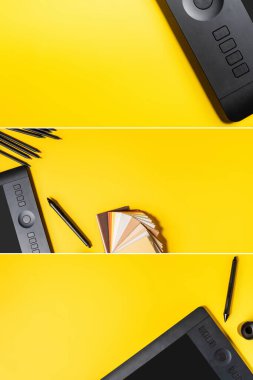 Renkli kalem ve paletin yanında çizim tabletleri ve stil kolajı