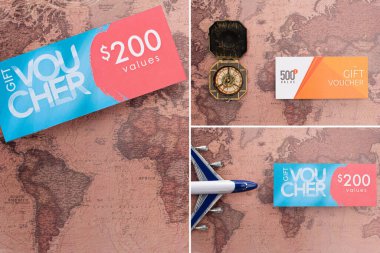 Collage of gift vouchers, compass and toy plane on map surface  clipart