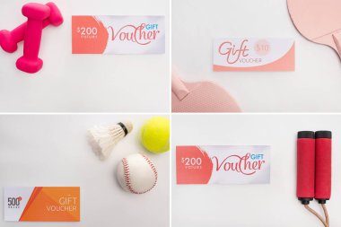 Collage of sport equipment near gift vouchers on white background clipart