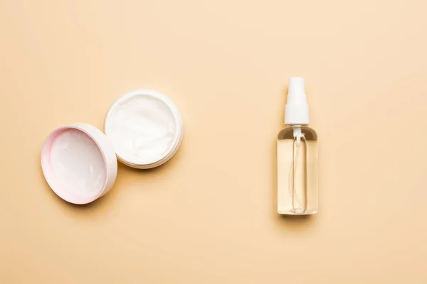 Top View Transparent Bottle Hand Antiseptic Cosmetic Cream Beige — Stock Photo, Image