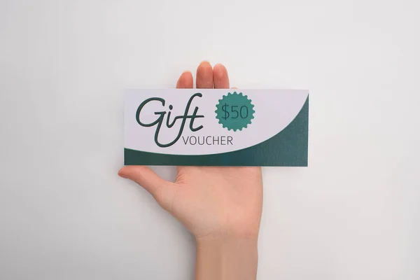 Cropped View Woman Holding Gift Voucher Dollars Sign White Background — Stock Photo, Image