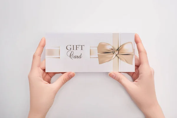 Top View Woman Holding Gift Card Hands White Background — Stock Photo, Image