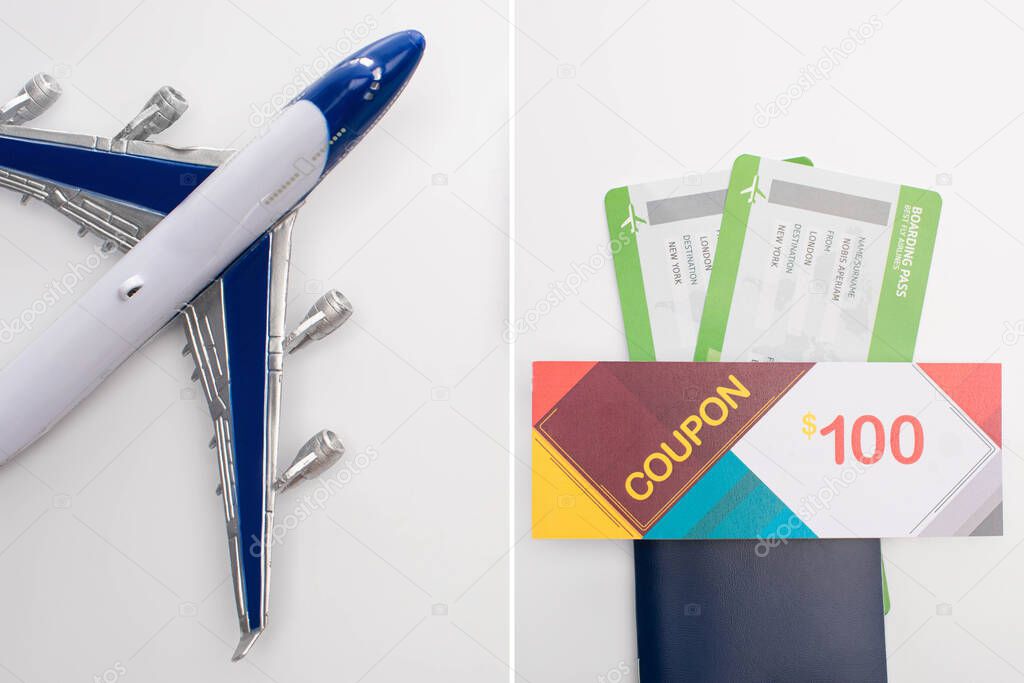 Collage of toy airplane and coupon on passport with air tickets on white background
