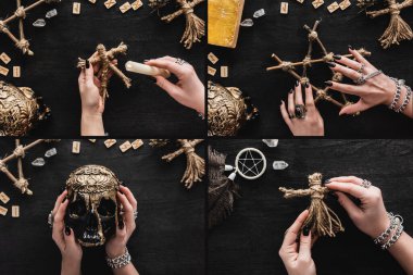 collage of witch holding skull and voodoo dolls near crystals, runes and pentagram on black  clipart