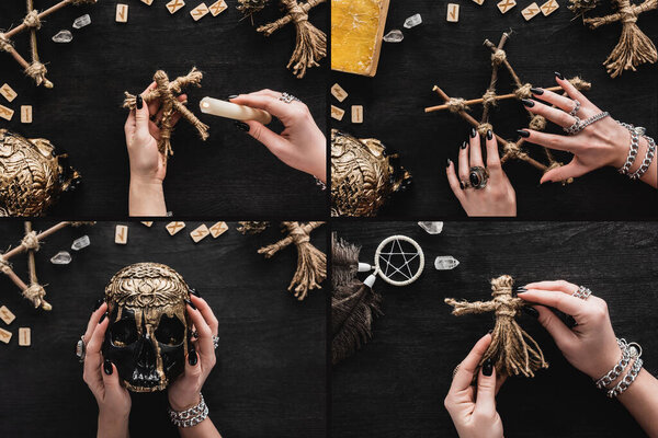 collage of witch holding skull and voodoo dolls near crystals, runes and pentagram on black 