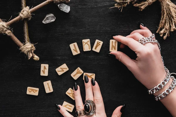 Top View Woman Touching Runes Crystals Black — Stock Photo, Image