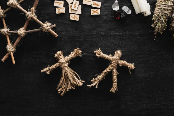 Top View Voodoo Dolls Scandinavian Runes Pentagram Candles Crystals Black — Stock Photo, Image