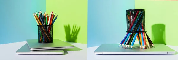 Kolaż Ołówka Kolorowymi Ołówkami Nowoczesnych Laptopach Niebieskim Zielonym Białym Tle — Zdjęcie stockowe