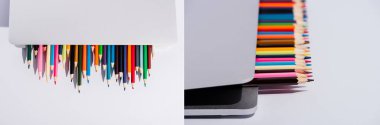 beyaz arkaplanda modern dizüstü bilgisayarda renkli kalemlerin kolajı, panoramik çekim