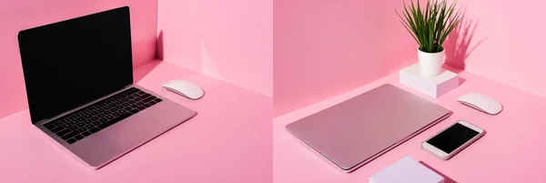 Pinkfarbener Arbeitsplatz Mit Modernen Geräten Und Grünen Pflanzen Collage — Stockfoto