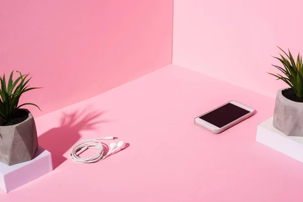 Smartphone Con Schermo Bianco Auricolari Piante Sfondo Rosa — Foto Stock