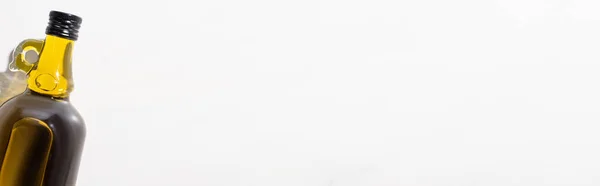 Вид Сверху Оливковое Масло Бутылке Белом Фоне Панорамная Ориентация — стоковое фото