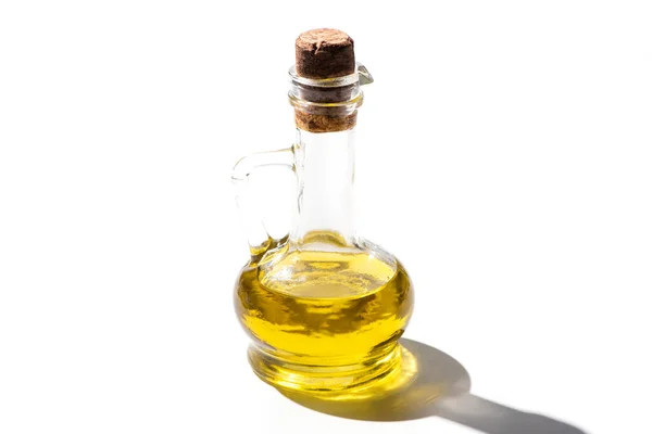 Olive Oil Glass Jar Cork White Background — Stock Photo, Image