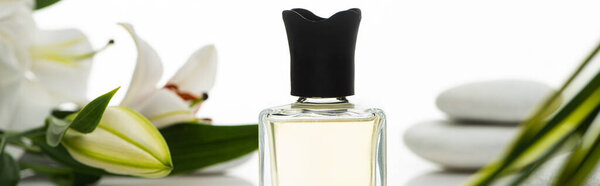 selective focus of perfume near spa stones and lilies isolated on white, panoramic shot