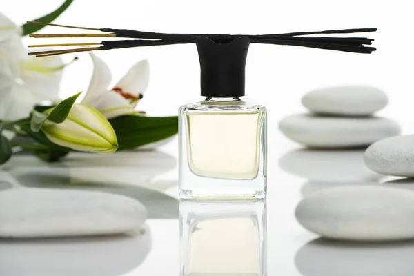 Enfoque Selectivo Palos Aroma Perfume Cerca Piedras Spa Lirios Aislados — Foto de Stock