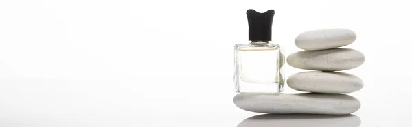 Home Perfume Bottle Spa Stones White Background Panoramic Shot — Stock Photo, Image