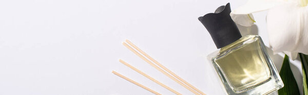 top view of aroma sticks with perfume in bottle near lily on white background, panoramic shot