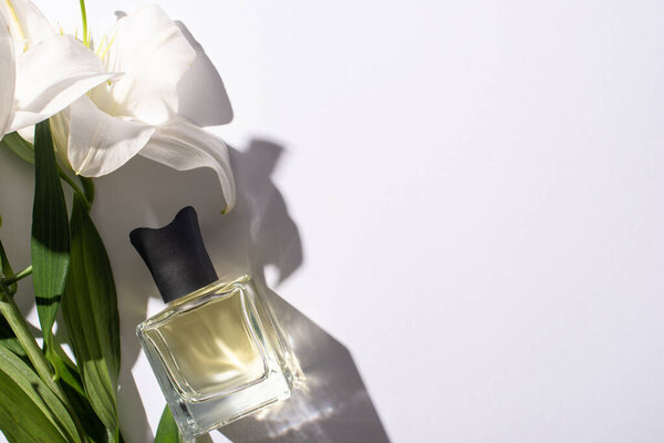 top view of home perfume in bottle near lilies on white background