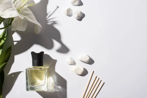 石の近くの瓶の中の香水と白い背景のユリの花の香りの棒のトップビュー — ストック写真