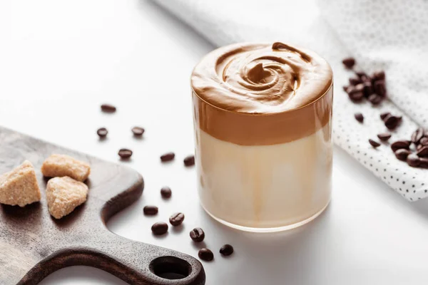 Selective Focus Delicious Dalgona Coffee Glass Coffee Beans Brown Sugar — Stock Photo, Image