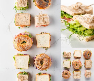 collage of fresh green sandwiches and bagels on marble white surface clipart