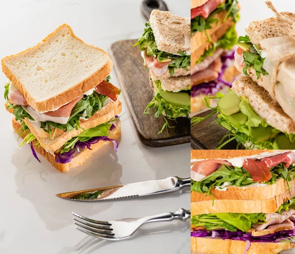 Collage Délicieux Sandwichs Verts Frais Avec Viande Sur Une Planche — Photo
