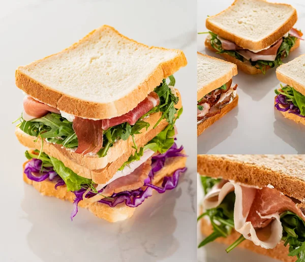 Collage Deliciosos Sándwiches Frescos Con Carne Superficie Blanca Mármol — Foto de Stock