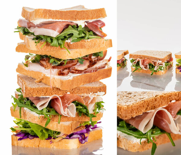 collage of fresh sandwiches with meat on marble white surface