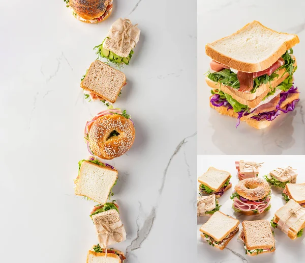 Collage Fresh Green Sandwiches Meat Bagel Marble White Surface — Stock Photo, Image