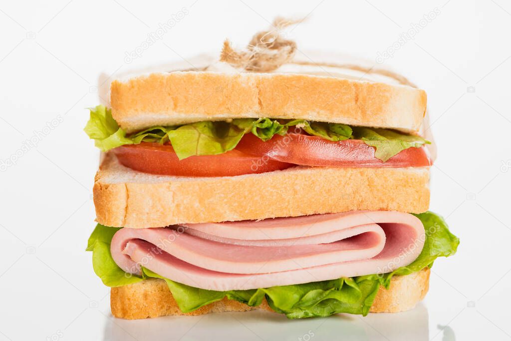 fresh delicious sandwich with sliced sausage and lettuce on white surface