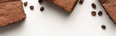 Beyaz arka planda kahve çekirdekleri olan lezzetli browni parçalarının üst görüntüsü, panoramik çekim