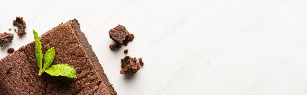 top view of delicious brownie piece with mint on white background, panoramic shot