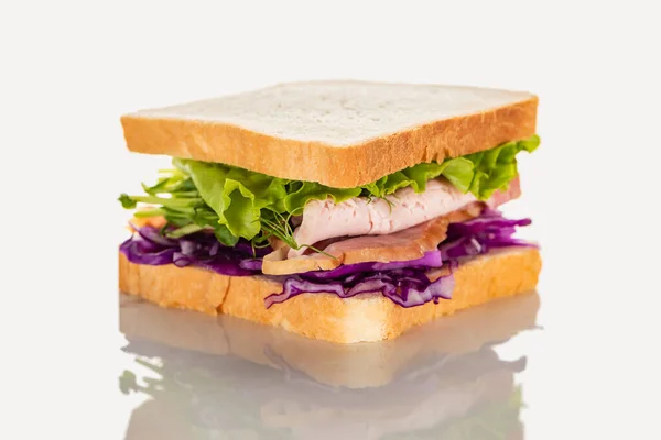 Fresh sandwich with red cabbage, lettuce and meat on white surface — Stock Image Fresh Sandwich Red Cabbage Lettuce Meat White Surface Royalty Free Stock Images