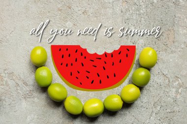 top view of green limes on grey concrete surface with watermelon and all you need is summer illustration