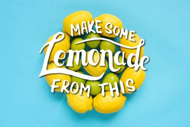 top view of ripe yellow lemons and limes arranged in circles on blue background, make some lemonade from this illustration clipart