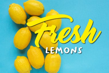 Mavi zemin üzerinde olgun sarı limon manzarası, taze limon çizimi