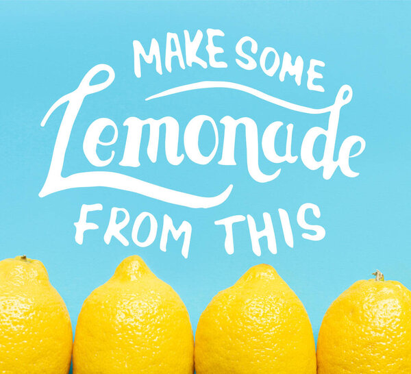 top view of ripe yellow lemon on blue background with make some lemonade from this illustration