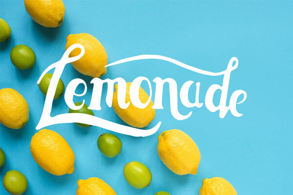 flat lay with ripe yellow lemons, green limes on blue background, lemonade illustration